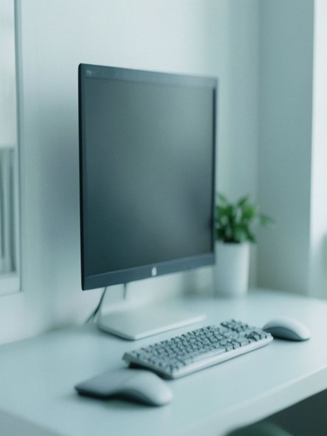 Professionally arranged desk showing proper monitor height, keyboard positioning, and ergonomic chair arrangement