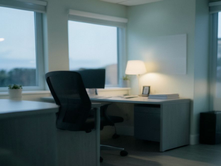 Calm office space in evening light with clean desk and peaceful ambiance supporting wind-down routine