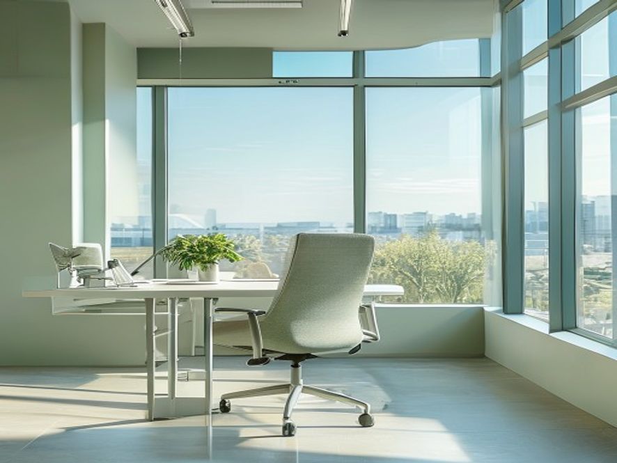 Bright modern office workspace with organized desk and natural daylight streaming through large windows