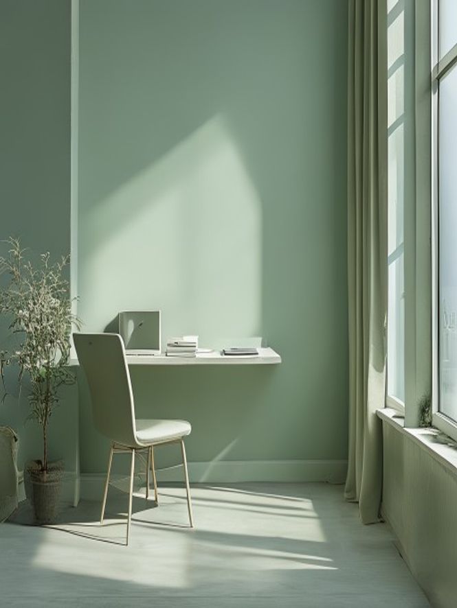 Serene office environment with soft natural lighting, organized desk space, and calm atmosphere promoting movement and wellness