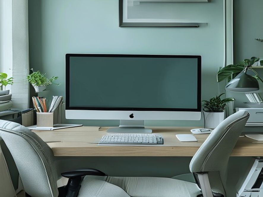 Ergonomically organized desk with computer monitor positioned at eye level, chair properly adjusted, and workspace free of clutter